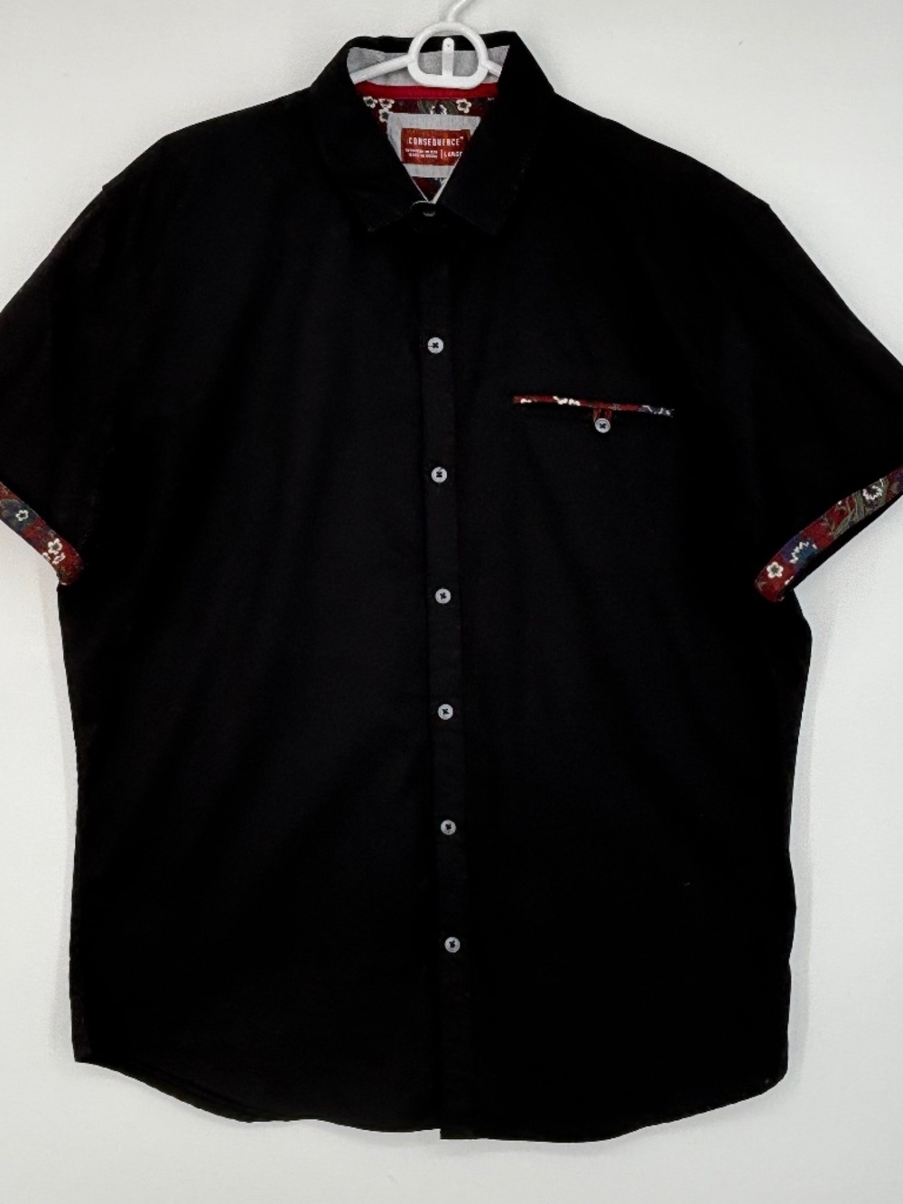 Consequence Mens Large Button Front Shirt Black 100% Cotton Floral Contrast Trim